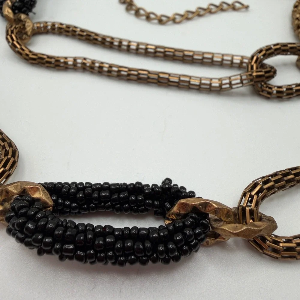Chicos Womens Antique Gold Mesh and Black Seed Bead‎ Adjustable Chain Belt